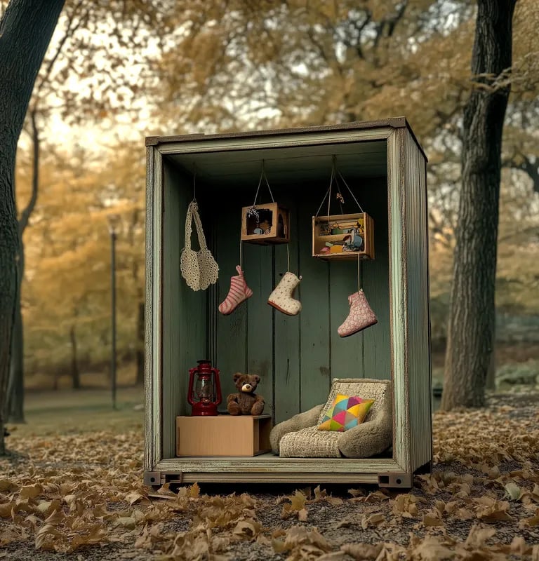 Petit abri en bois décoré d’objets vintage, chaussettes suspendues, ambiance automnale.
