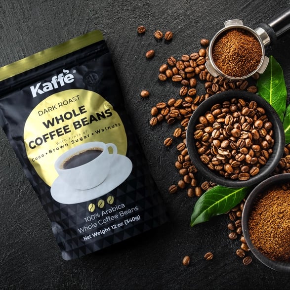 a bag of coffee beans and coffee beans