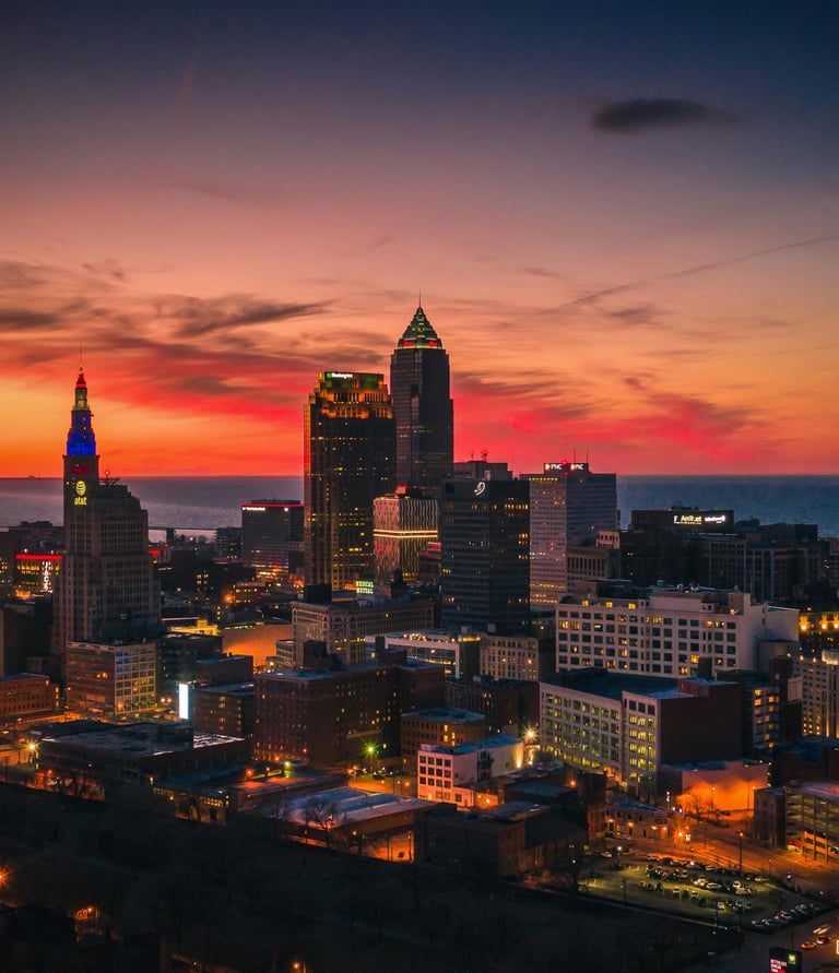 Cleveland skyline at sunset, showcasing Buckeye Venture Group’s Ohio real estate presence