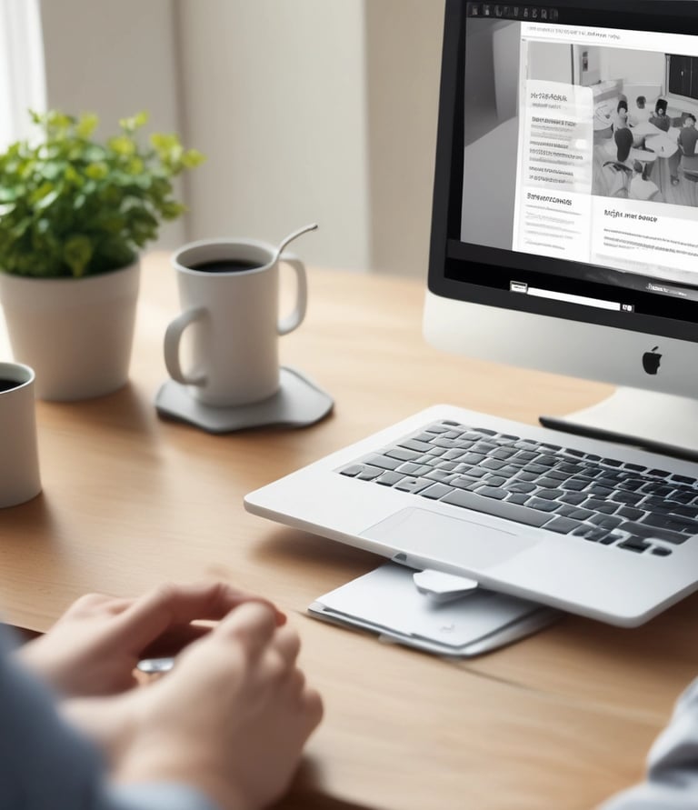 A laptop screen displays a webpage with the title 'ChatGPT Mastery Course'. The page includes sections on Learning, Writing, Money, Marketing, Productivity, and Tools, with various bullet points under each category. The top right shows an open browser tab, and there is a rating section with stars in the top left. Bright icons of various applications are visible at the bottom of the screen.