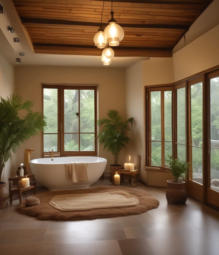 A tranquil massage room with a neatly made massage table covered in a neutral-toned sheet and a decorative blanket. A wicker chair with a cushion is placed beside the table. A serene Buddha statue is visible outside the glass doors that allow natural light to enter. The room features a calming ambiance with minimalist decor and a wall light adding warmth to the space.