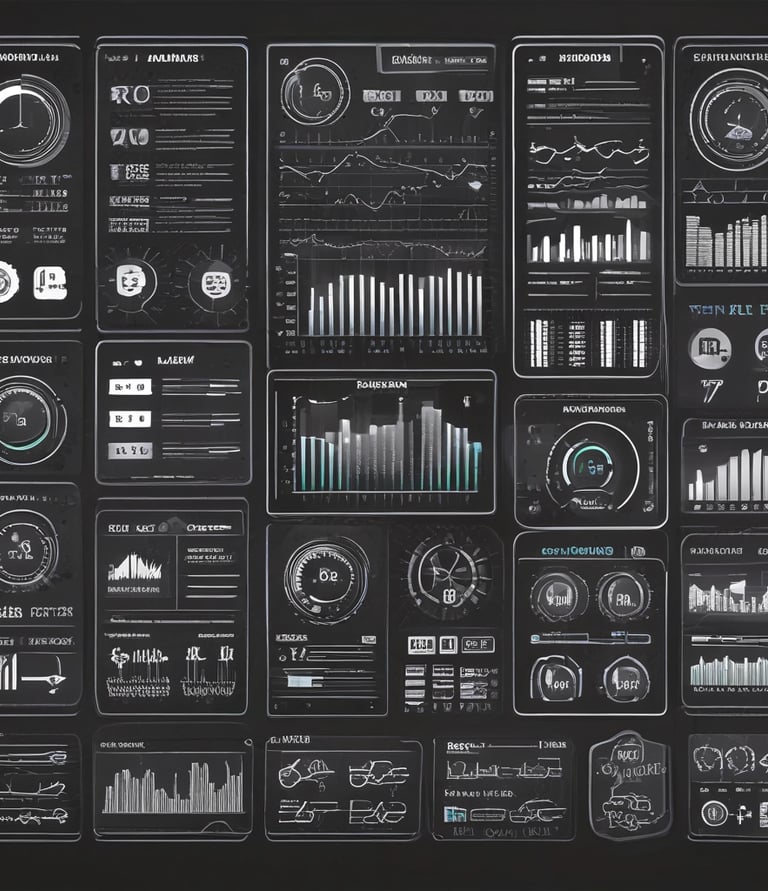 A workspace featuring a whiteboard with a social media content schedule, organized by day and platform, using sticky notes in varying colors. A wooden table holds an open laptop displaying a social media management application, alongside pens and small circular items.