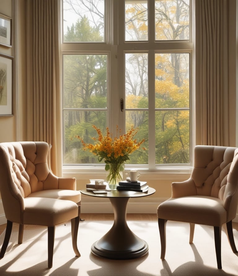 A warm, inviting therapy room with soft lighting and comfortable seating.