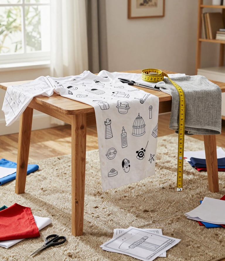 Espacio de trabajo para diseño de moda con patrones de tela, cinta métrica y tijeras de costura