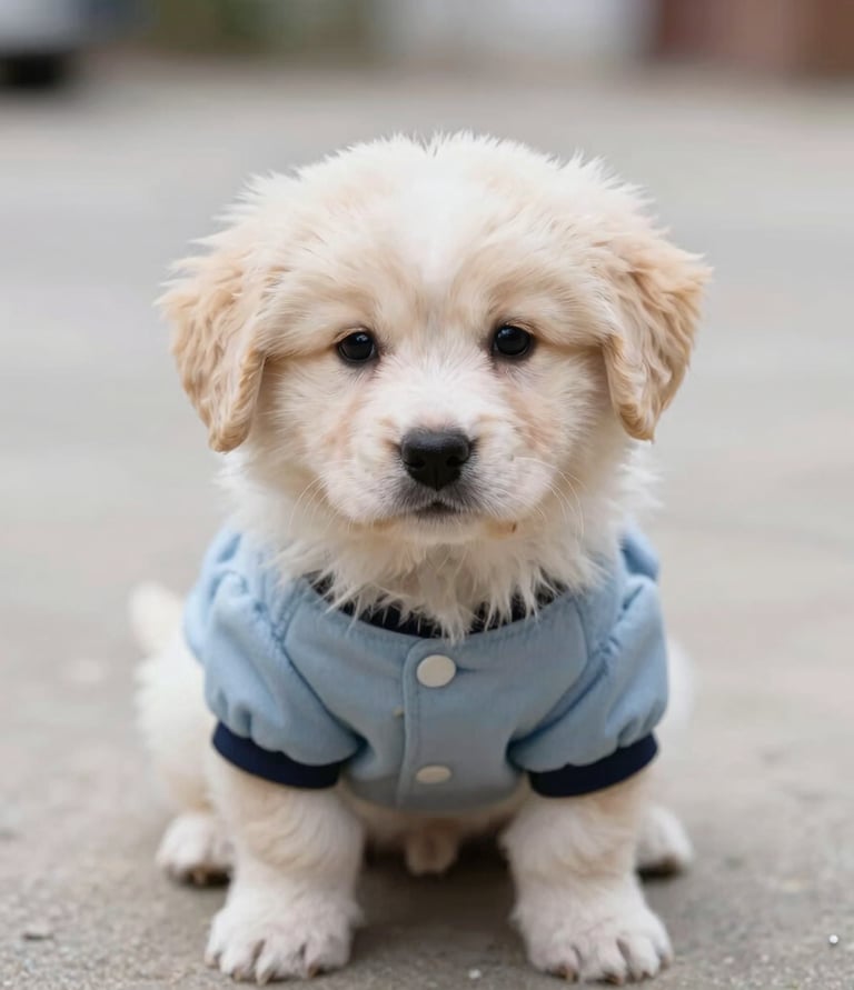 Un adorable cachorro esponjoso de color crema con una pequeña chaqueta azul para perros sentado