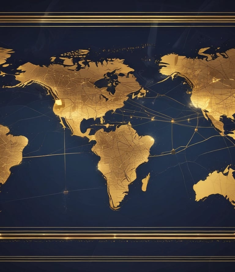 A world map illuminated with interconnected golden lines symbolizing global alliance and economic integration.