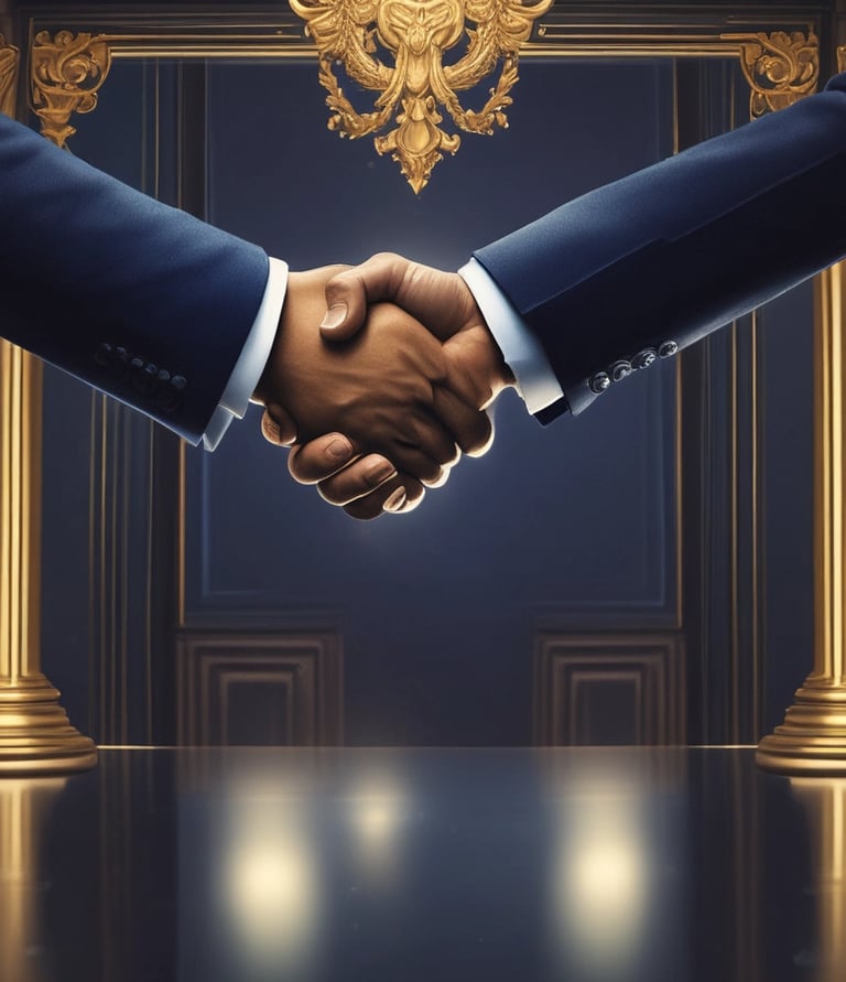 Close-up of hands shaking over a polished wooden table with gold accents, symbolizing alliance and trust.