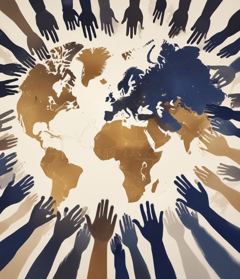 Close-up of hands from diverse individuals joining together over a navy and gold background.