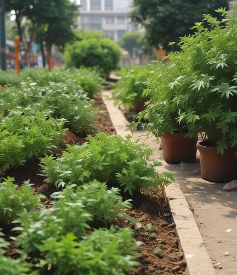 A lush green landscape showcasing newly planted trees and engaged volunteers.