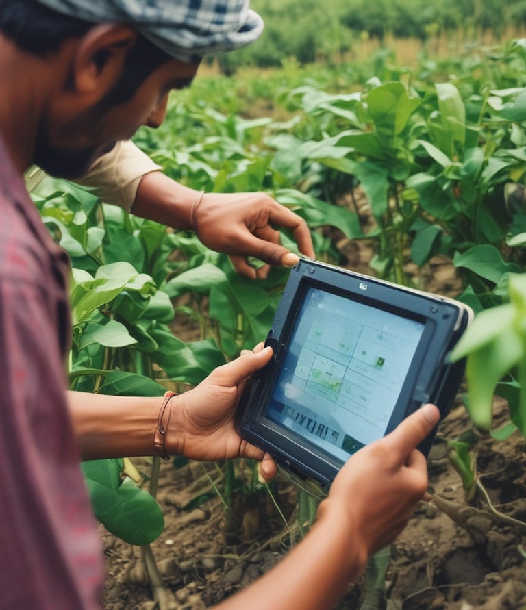 Farmers using drone technology for modern agricultural practices.