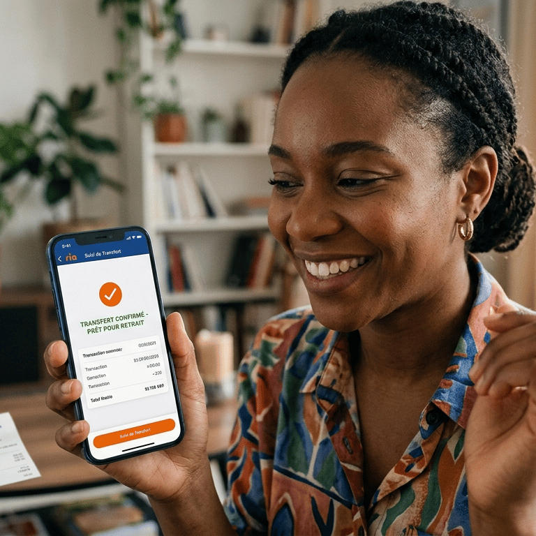 Client satisfait vérifiant la disponibilité de son argent sur le service de suivi Ria en ligne.
