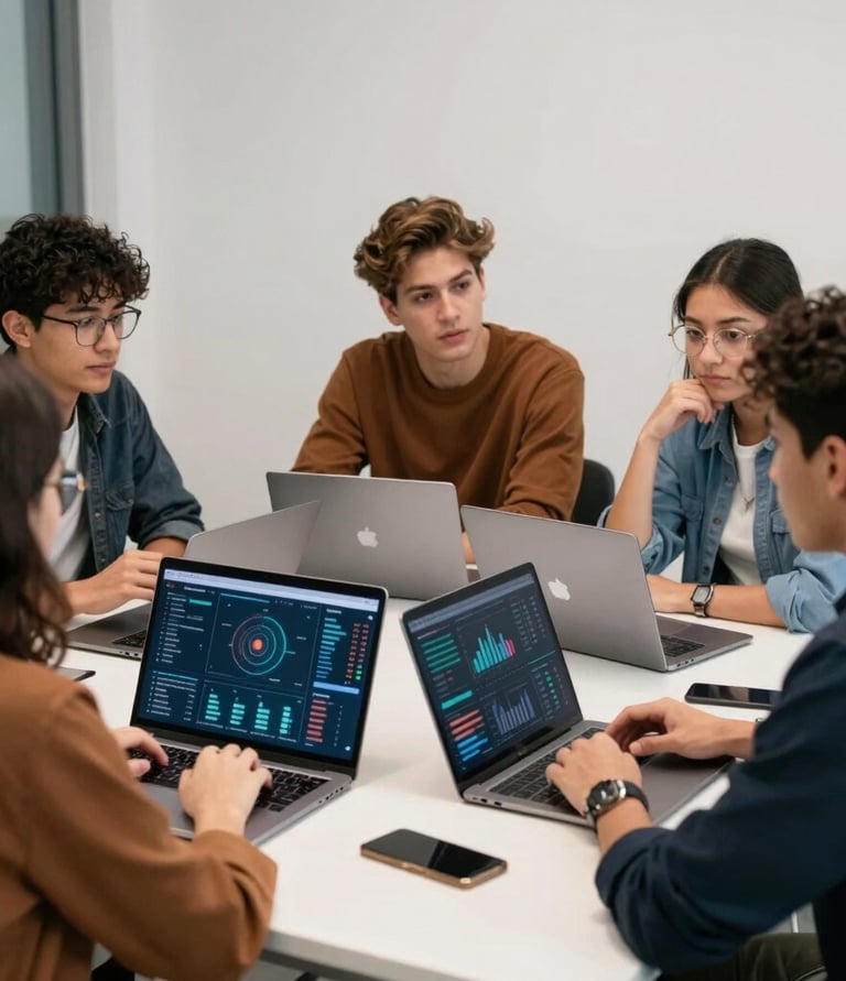 Team of diverse professionals collaborating over data charts in a modern office.