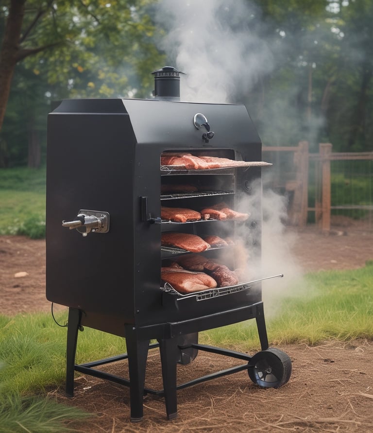 Portrait of Chad Williams beside his custom smoker, smiling warmly with a backdrop of wood and smoke.