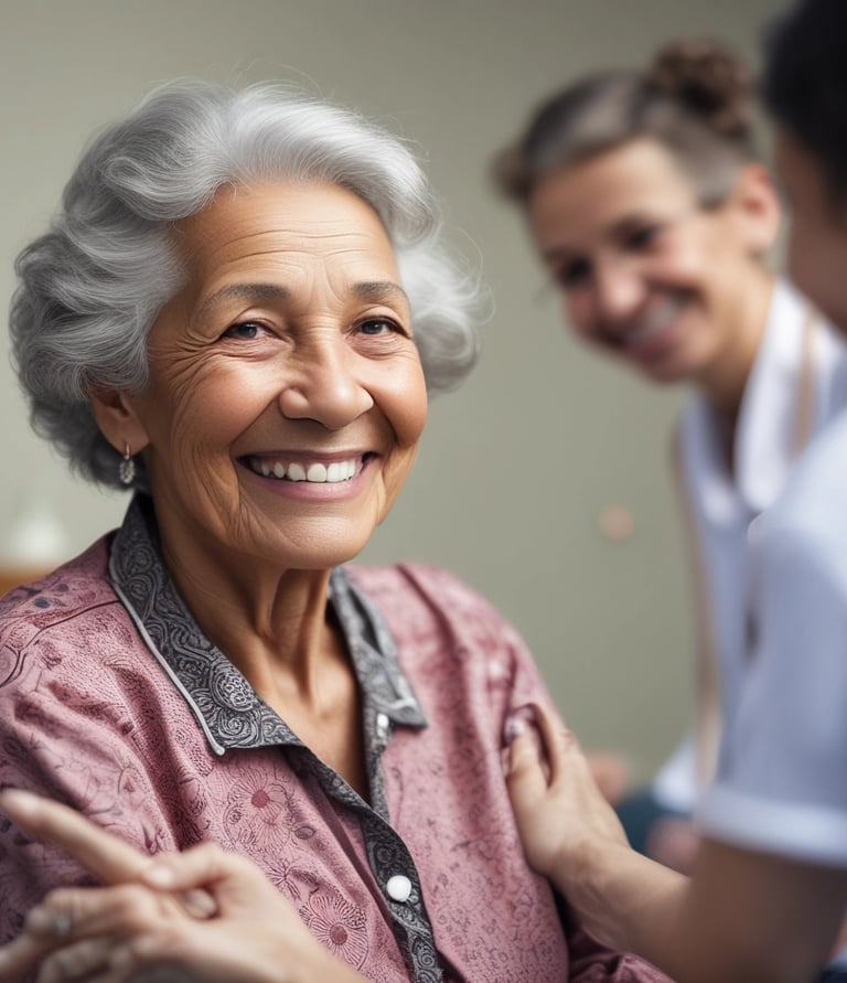 A warm, inviting healthcare professional gently assisting an elderly patient in a sunlit room with earth-toned decor.
