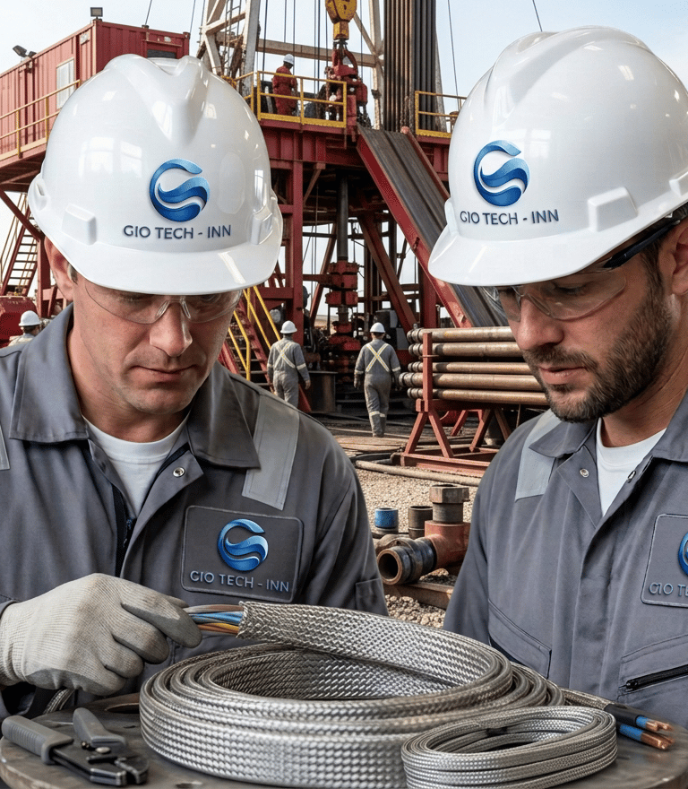Two engineers wearing GIO TECH-INN hard hats inspect industrial metal braided cable at an oil drilling site.