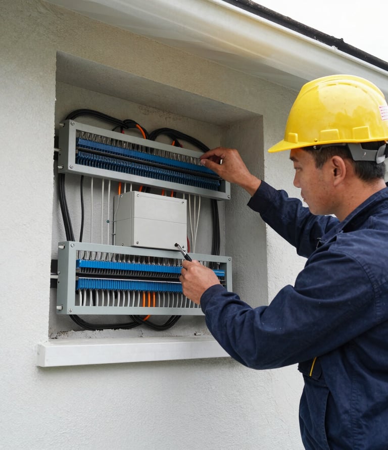 Photo of a construction site with workers installing internet network cables and electrical wiring.