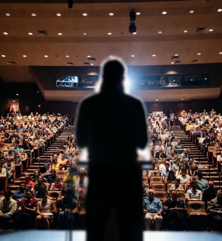 A speaker's silhouette stands on stage at a crowded conference auditorium or university lecture hall.