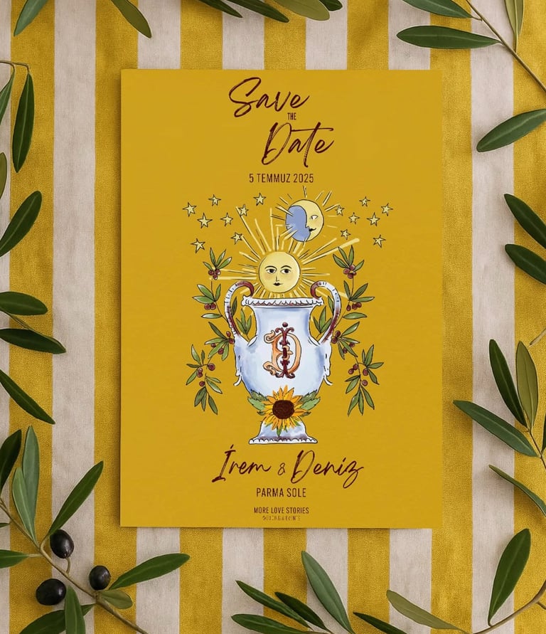 Yellow celestial save the date card with sun and moon illustrations on a striped background.