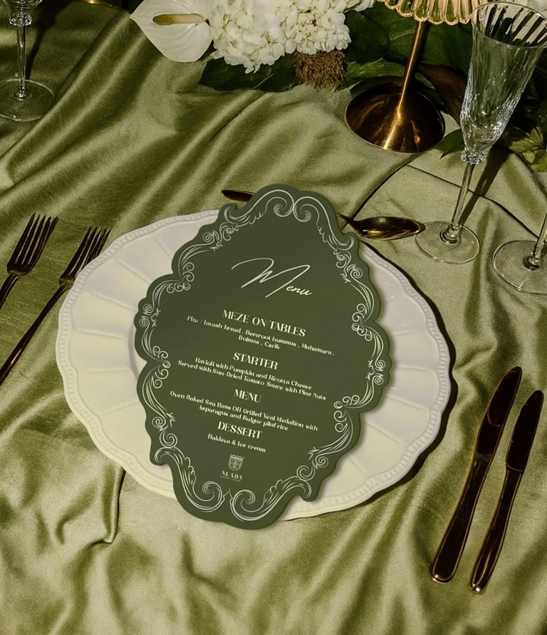Elegant wedding table setting with a sage green menu card on a white scalloped plate and silk linens.