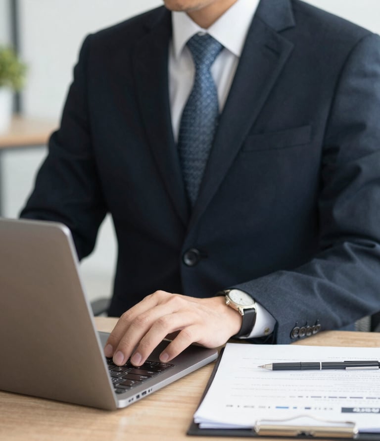 Modern office workspace with professionals collaborating over documents and laptops.