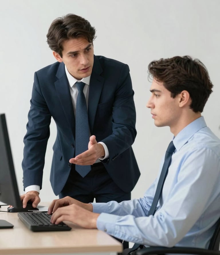 A modern office workspace with people collaboratively reviewing business documents.