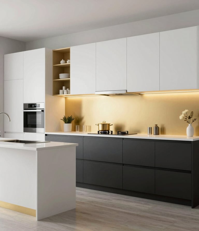 Elegant modern kitchen with pristine surfaces and subtle lighting showcasing craftsmanship.