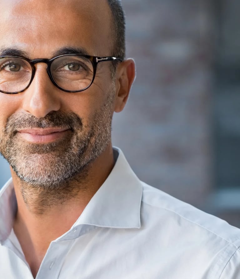 Portrait of a smiling professional man wearing black frame glasses and a white button-down shirt.