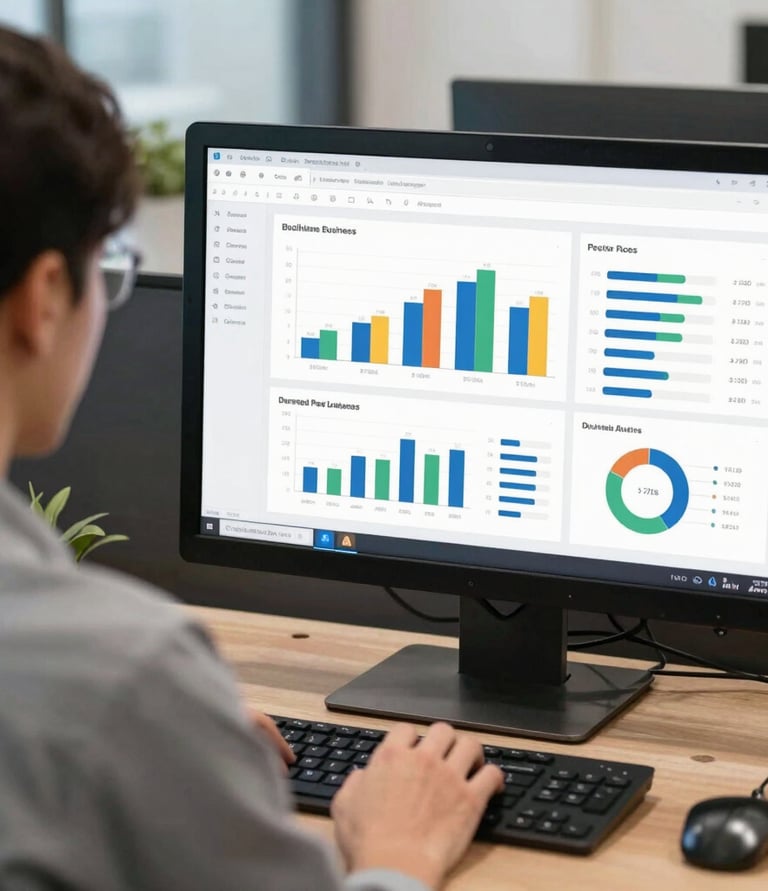 Close-up of hands typing on a keyboard with digital marketing graphs on the screen.