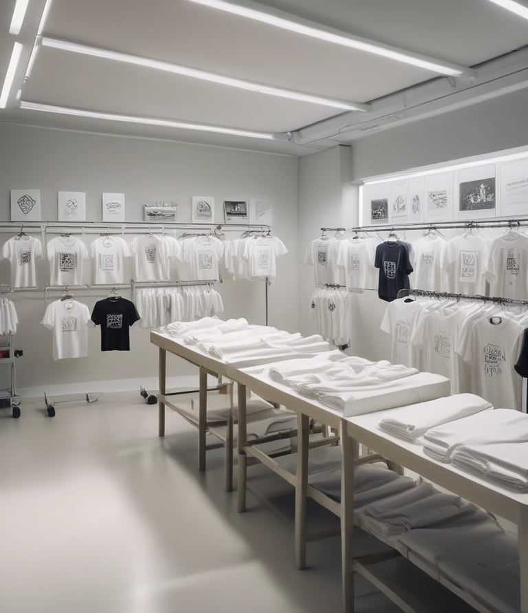 Photo of a creative workspace with colorful sublimation prints and personalized mugs.