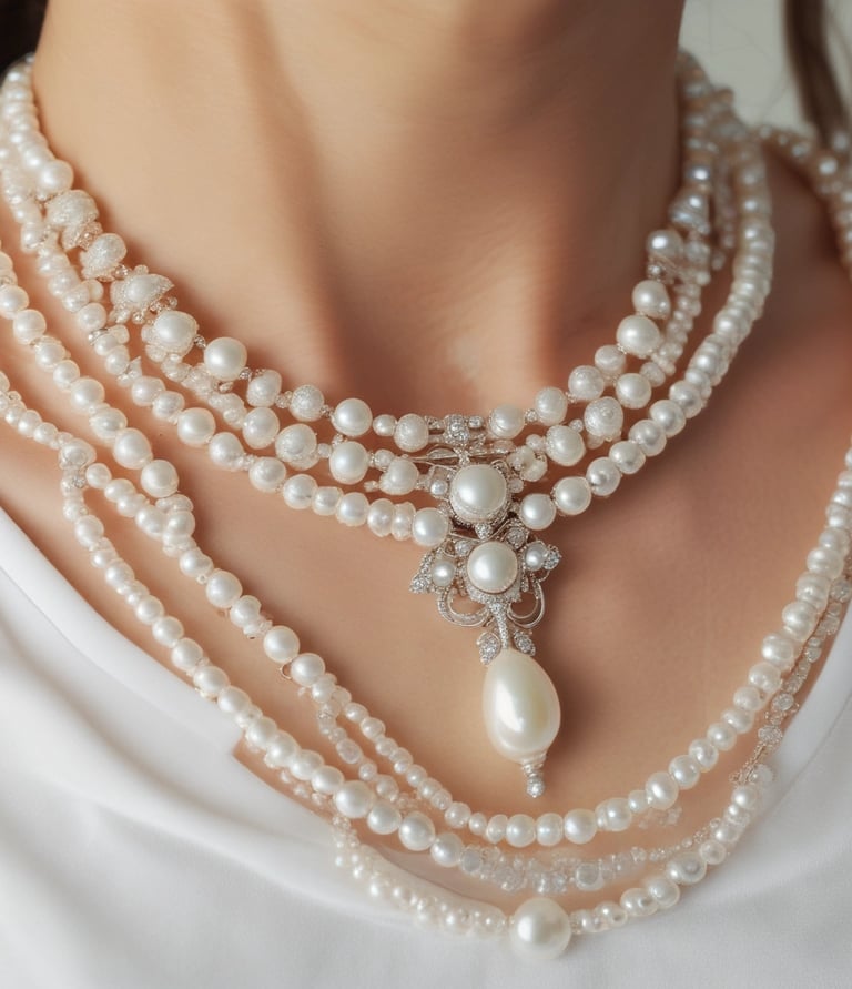 Close-up of a delicate pearl necklace resting on a soft velvet cloth.