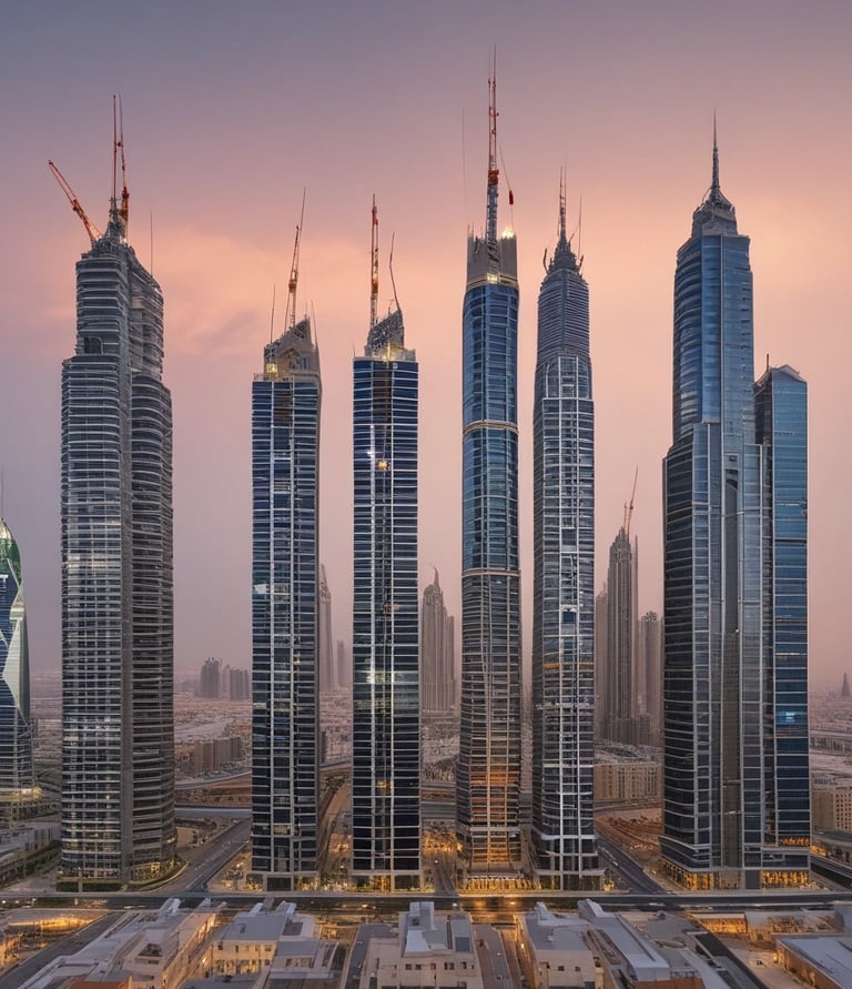 Close-up of certified construction steel rebars stacked neatly at a major infrastructure project site in Dubai.