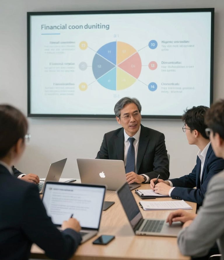 A professional team collaborating over financial charts and data projections in a modern office.