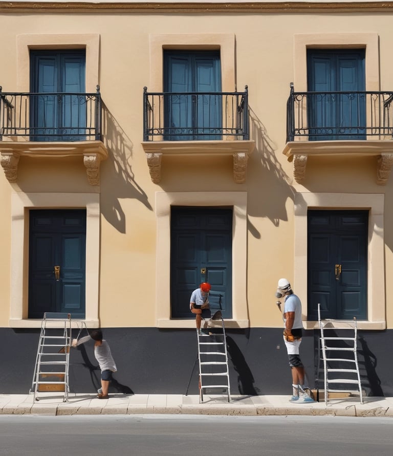 Workers painting a residential building facade with precision and care.