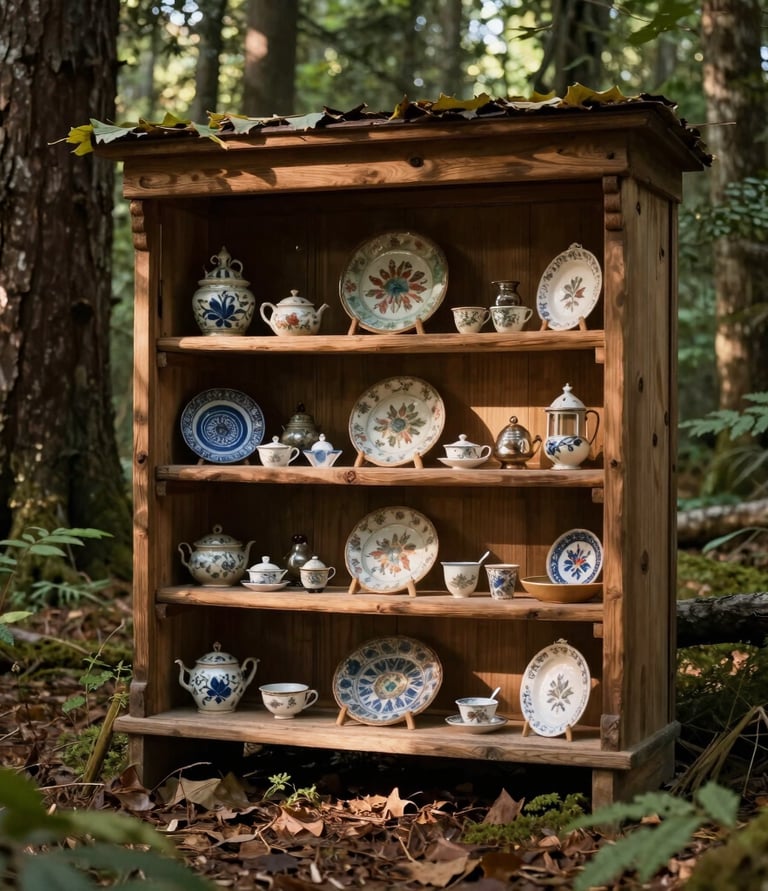 A cozy nook in a deep forest with soft sunlight filtering through ancient trees, showcasing a collection of delicate trinkets on rustic wooden shelves.