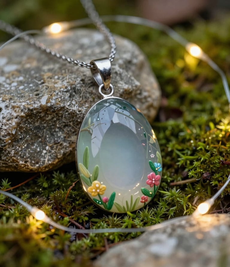 Close-up of a whimsical pendant resting on moss-covered stones surrounded by tiny glowing fairy lights.