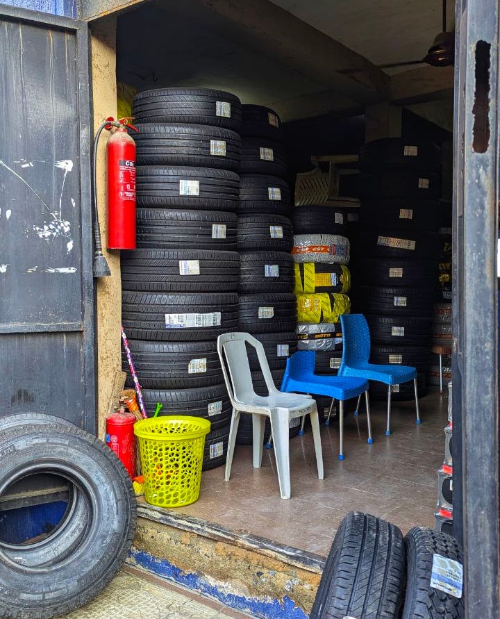 michelin tyres stacked in front of the tyrepublic tire shop in nigeria