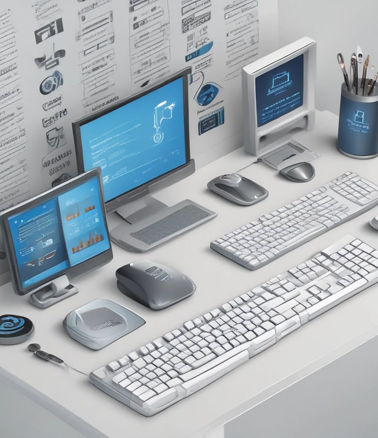 A modern workspace with a focus on technology. In the foreground, there is a black laptop with a distinctive logo placed on a table beside a smartphone propped on a stand. A man is sitting in the background, also using a similar laptop. The setting is minimalistic with a combination of white furniture and a textured brick wall.