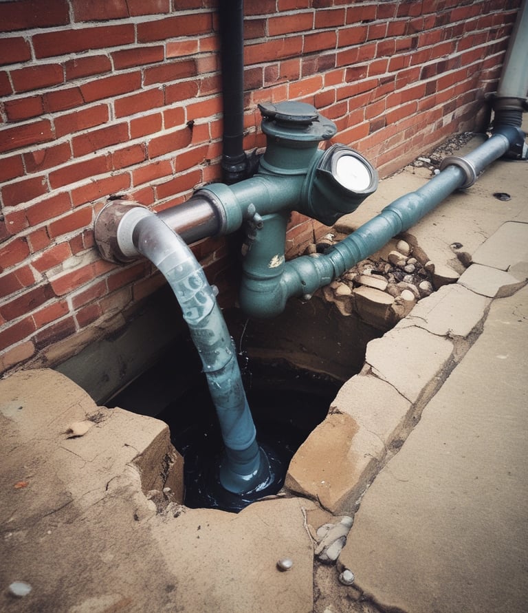 A series of parallel white pipes with multiple joints representing commercial plumbing systems in Sn