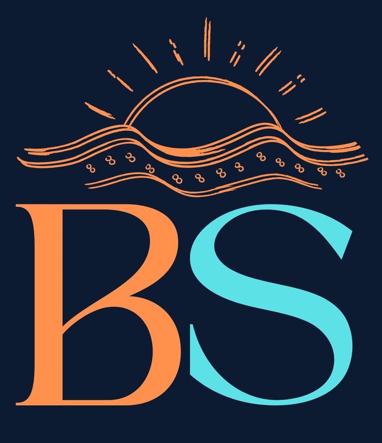 Modern graphic BURNSEA logo featuring letters BS with a beach sunrise and ocean wave illustration.