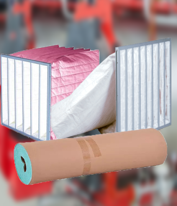 a filter medium pocket of pink filter cloth with a roll of filter fiberglass green