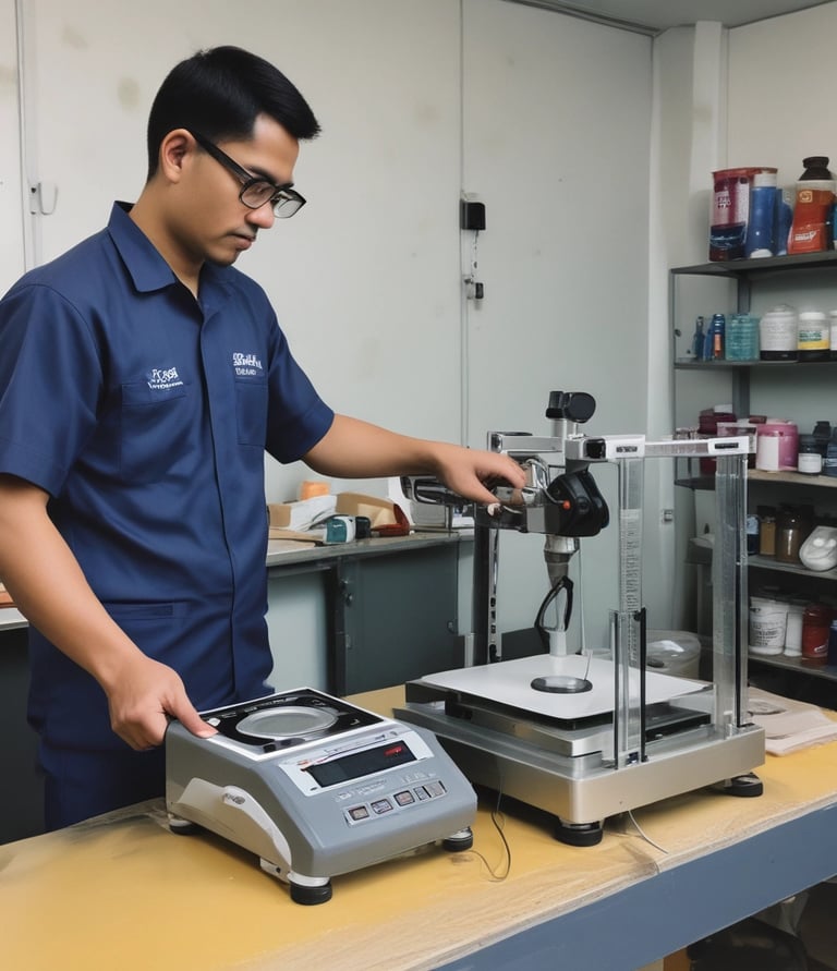 A laboratory apparatus setup featuring a white machine with two nozzles and tubes on top, a blue control unit with digital display and buttons, and a white rectangular box with slotted openings.
