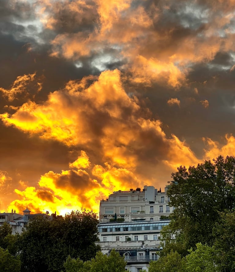 a building  with an orange cloudy sky