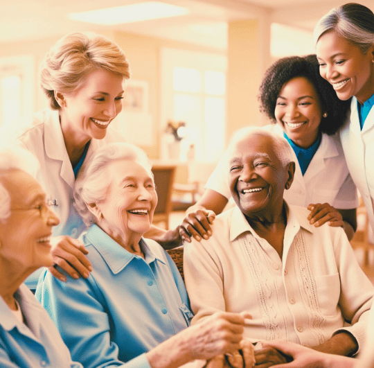 a group of people sitting around a table