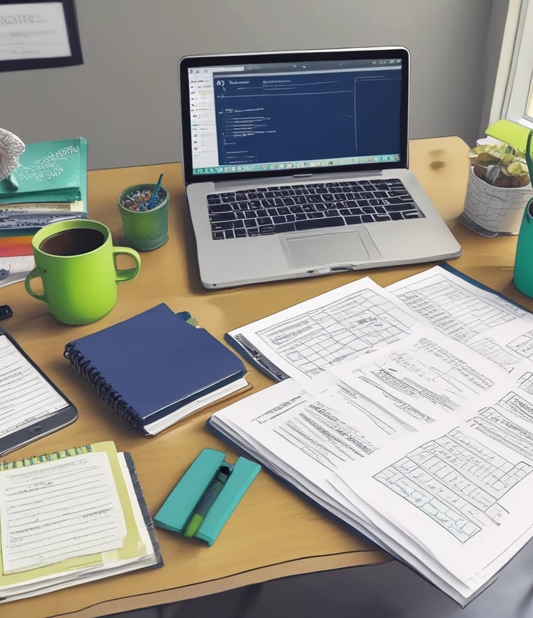 A cozy coffee shop setting with a laptop and teaching resources on the table.