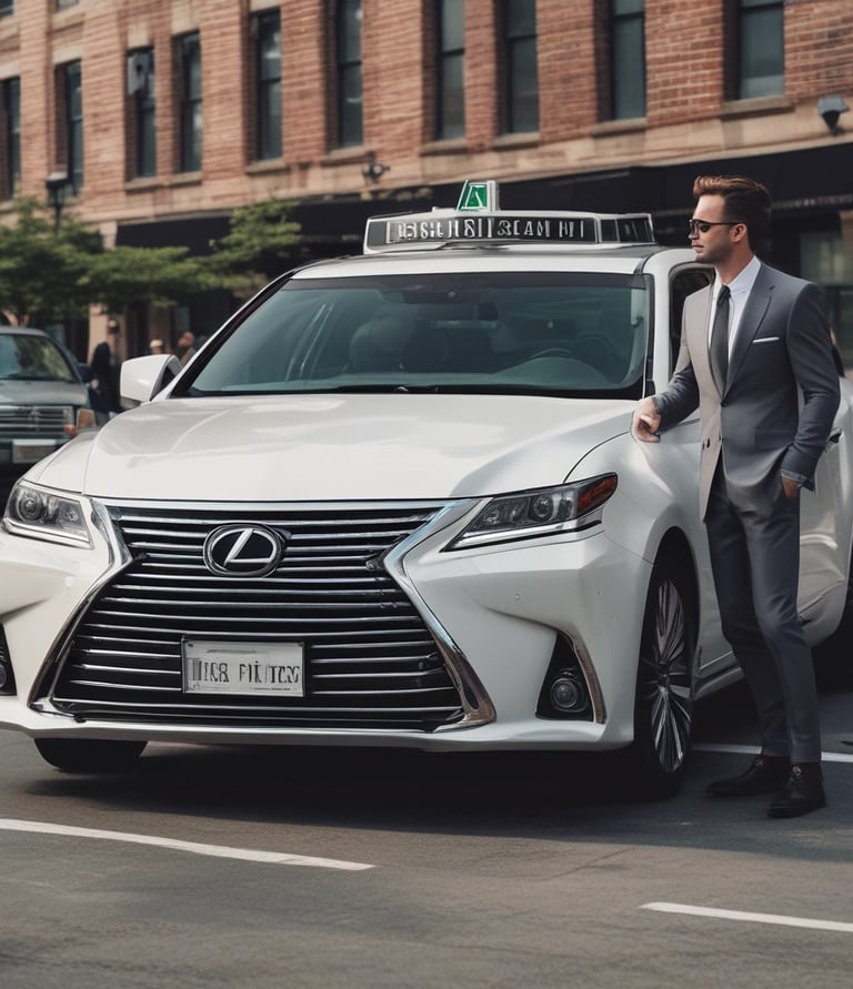 A red taxi with the branding 'Transcab' and a phone number is seen driving along a street. The vehicle is in motion, with a driver visible inside. The surroundings include a textured, gray stone building facade with some surveillance cameras mounted above.