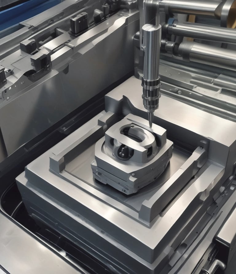 A metalworking machine is in operation, cutting a rectangular shape into a large metal beam. Sparks and a bright cutting line indicate the active laser or cutting tool. The setting appears to be a workshop or industrial environment with visible metal fixtures and structures.