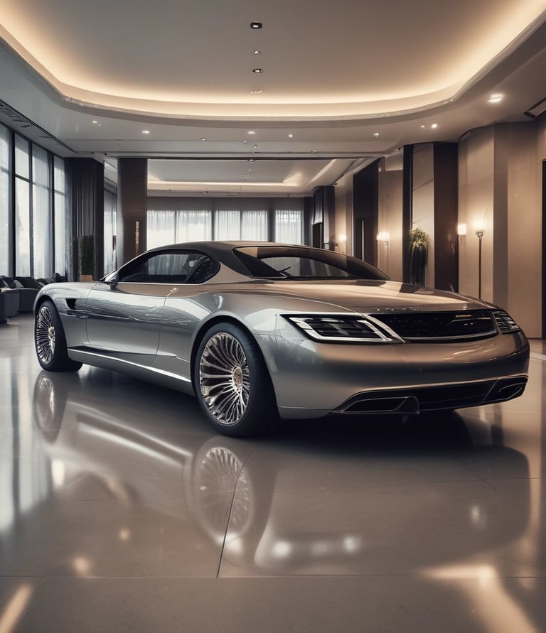 A small automotive repair shop with a distinctive red and white facade, located on a quiet street. The building is one story with large glass windows and a sign displaying the name of the business. A black car is parked in front of one of the garage doors. Tree-lined streets with houses are visible in the background, bathed in the soft light of late afternoon.