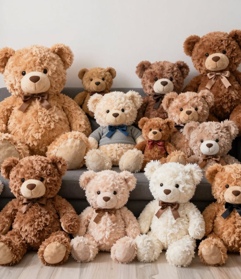 A colorful display of various custom plush toys made from sustainable fabrics arranged on wooden shelves.