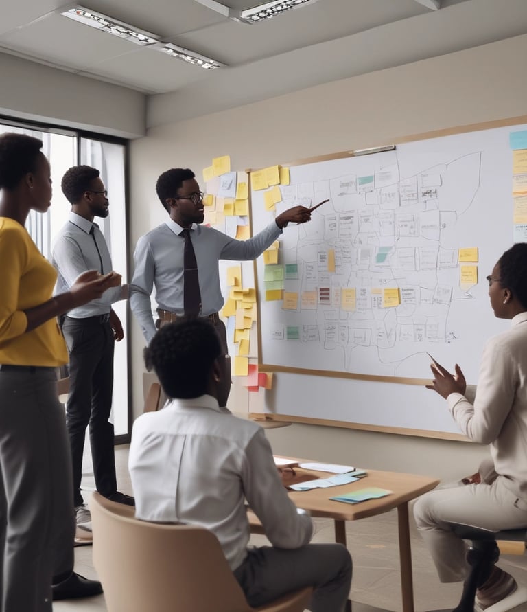 A diverse team collaborating around a modern conference table, brainstorming ideas with digital devices and notes.