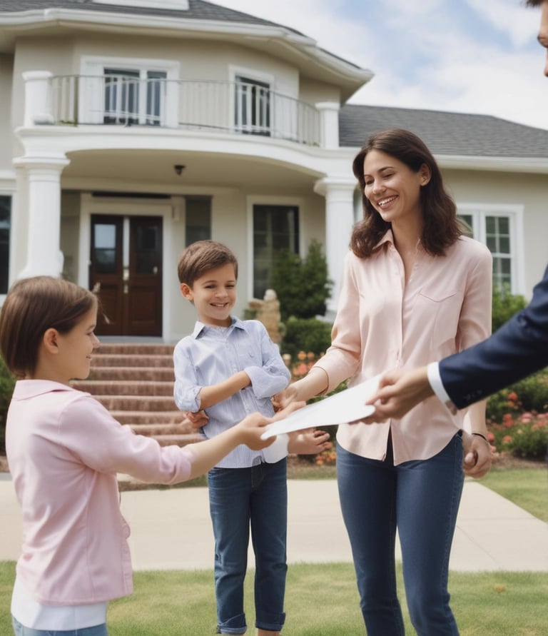 A real estate auction sign displaying the word 'SOLD' in bold red letters. The sign includes images of a home's interior featuring a living room with modern furniture, and it is set against the backdrop of trees and sky.
